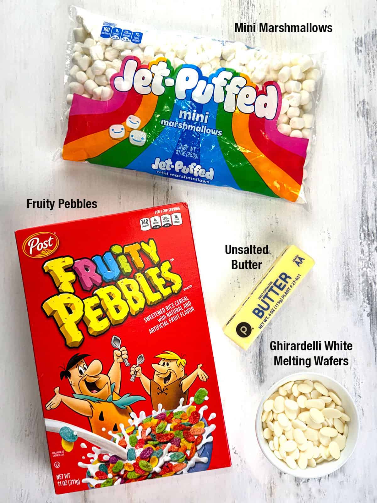Ingredients for Easy No-Bake Fruity Pebbles Treats
