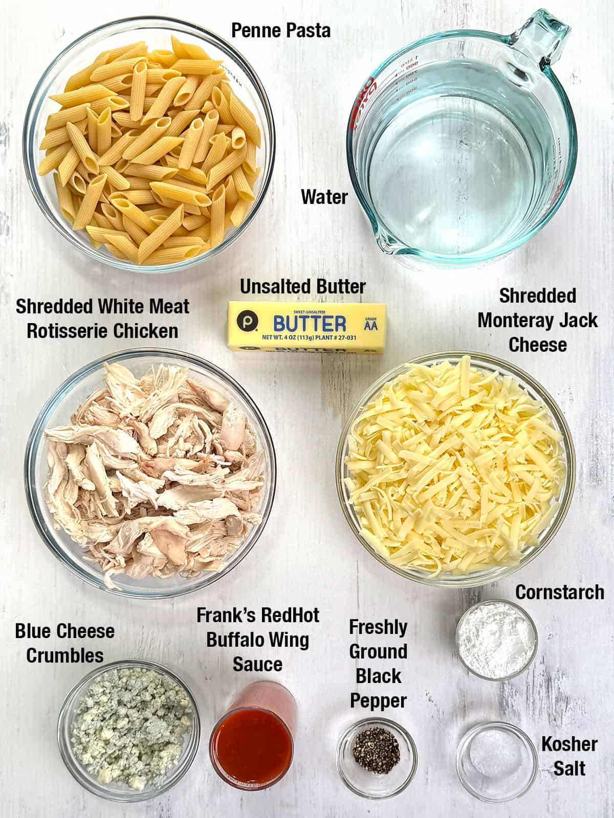 Ingredients for Quick and Easy One-Pot Cheesy Buffalo Chicken Pasta