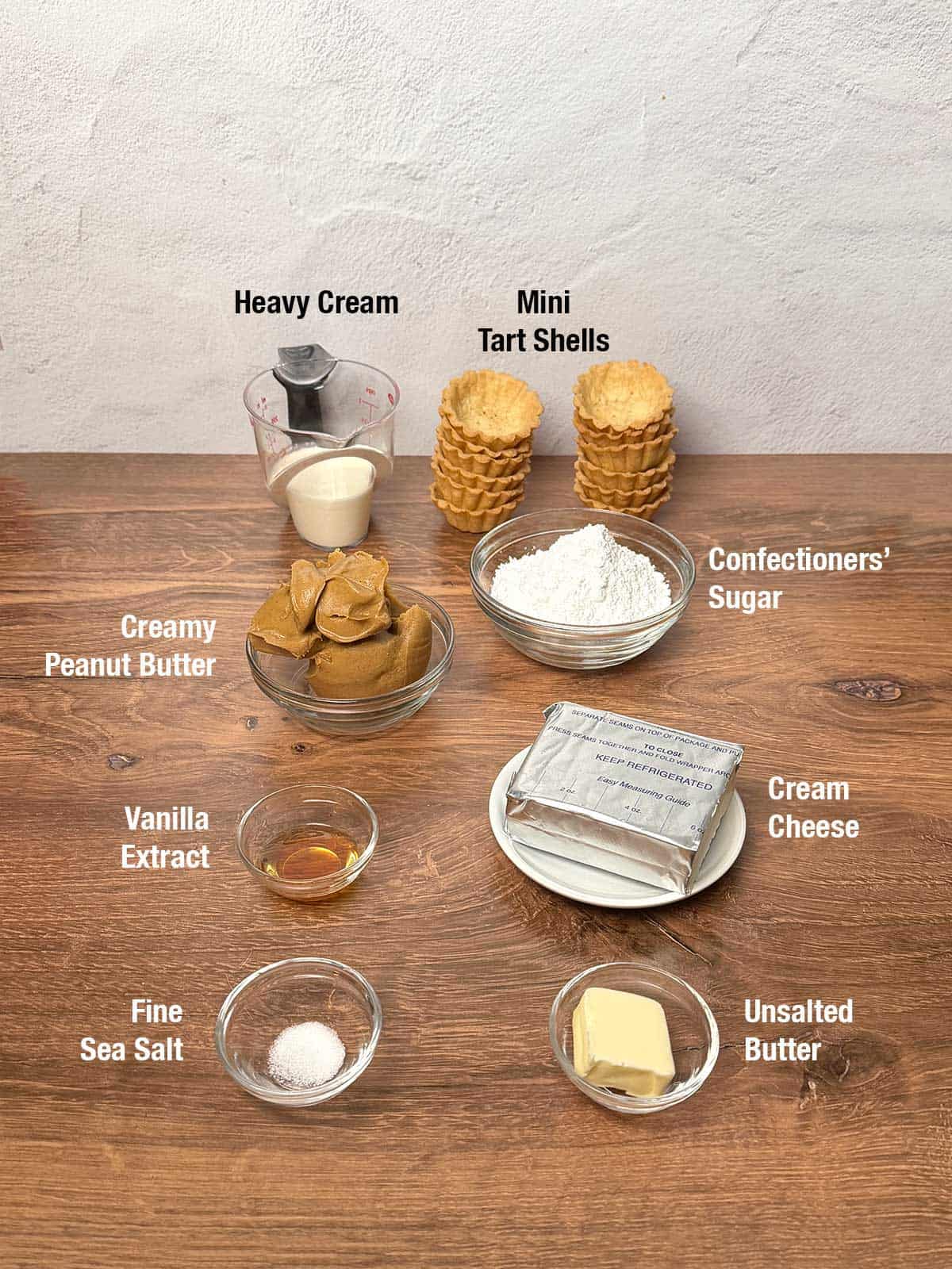 Ingredients for the peanut butter filling for the mini tarts.