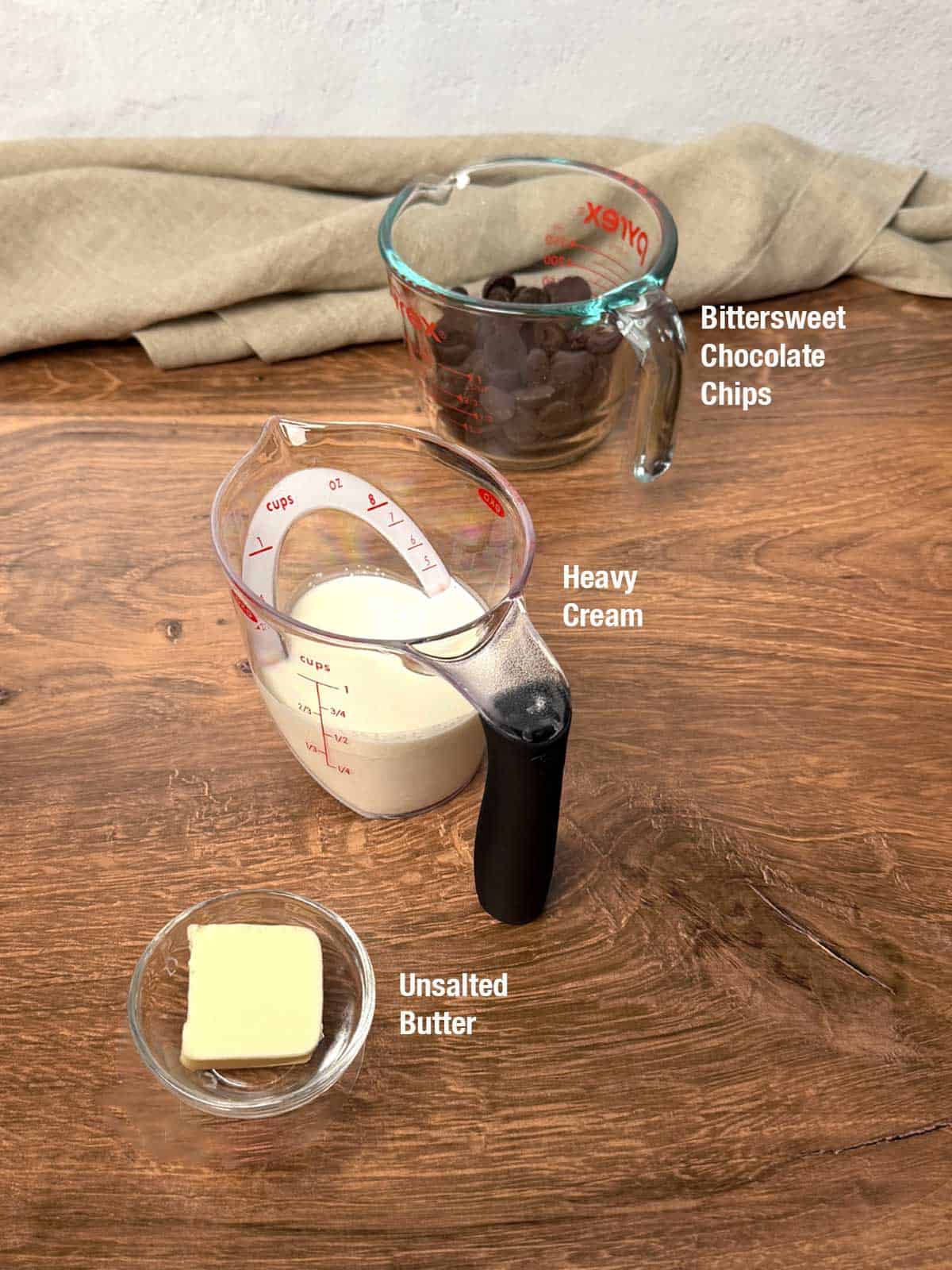 Ingredients for bittersweet chocolate ganache.